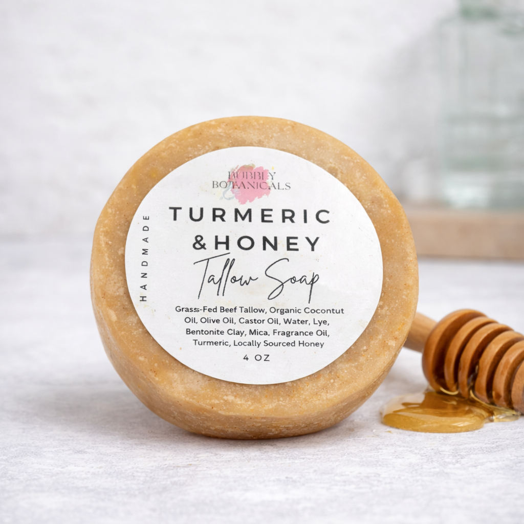 Tallow soap with turmeric and honey on a white background