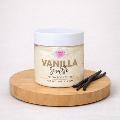 Vanilla Soufflé tallow body butter jar with warm creamy vanilla scent for dry skin