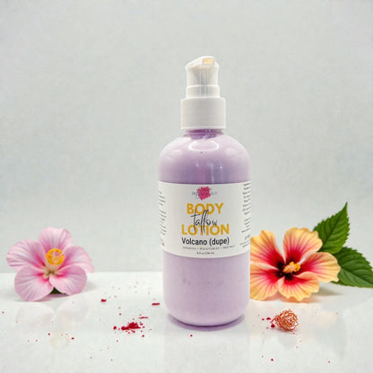 Body lotion bottle with flowers on a light gray background