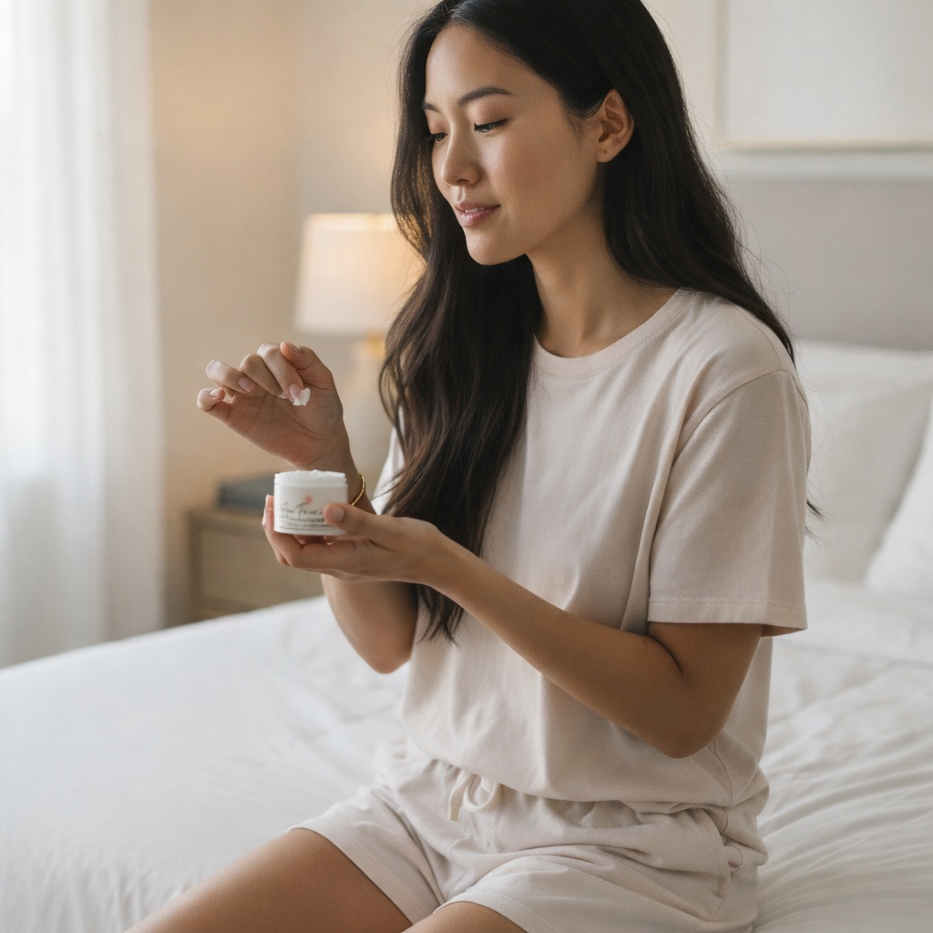 Woman applying cream to her hand in a bedroom setting