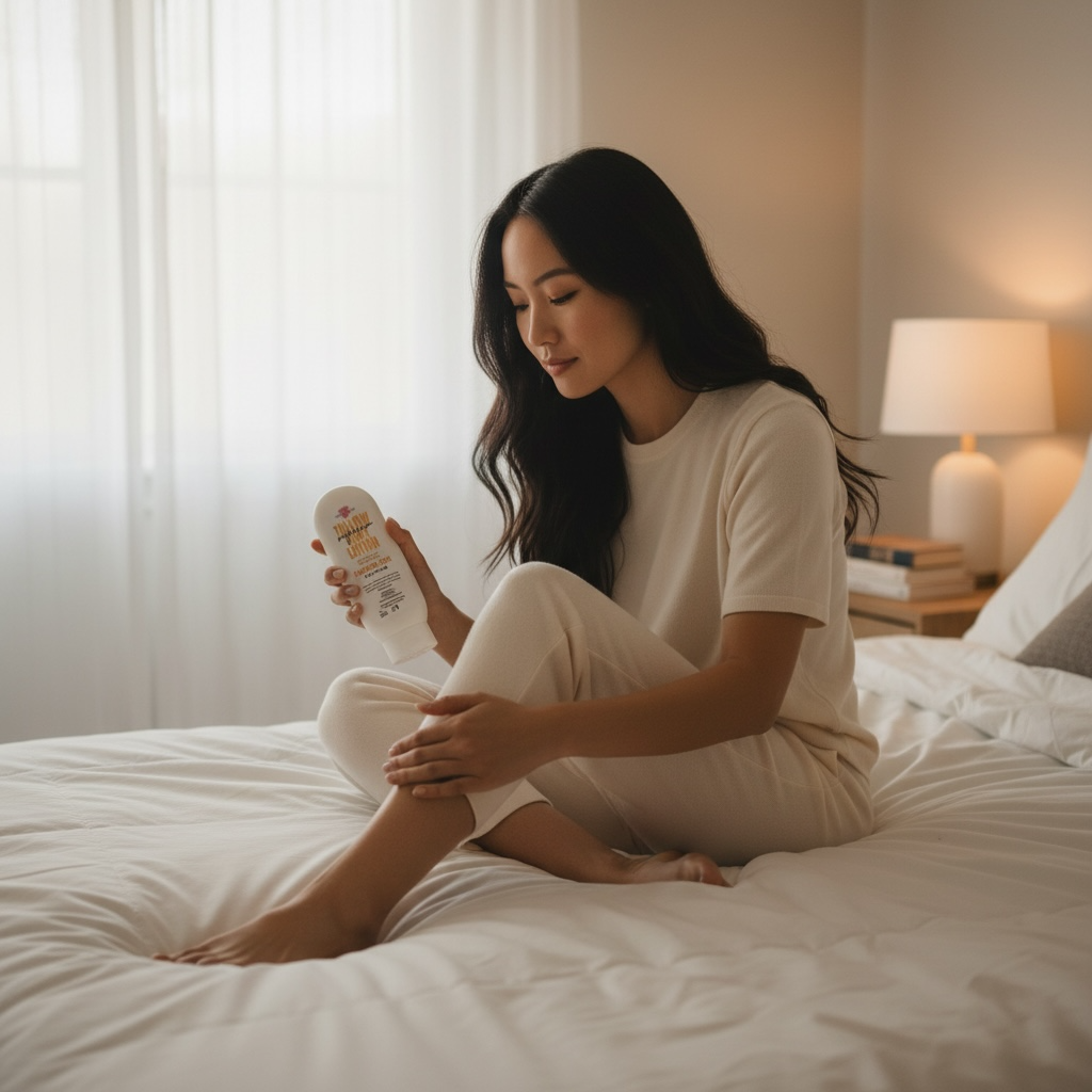 Woman applying lotion on her leg while sitting on a bed in a softly lit room.