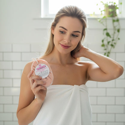 Woman in a towel holding strawberry fluff goat milk soap sponge getting ready for a relaxing bath
