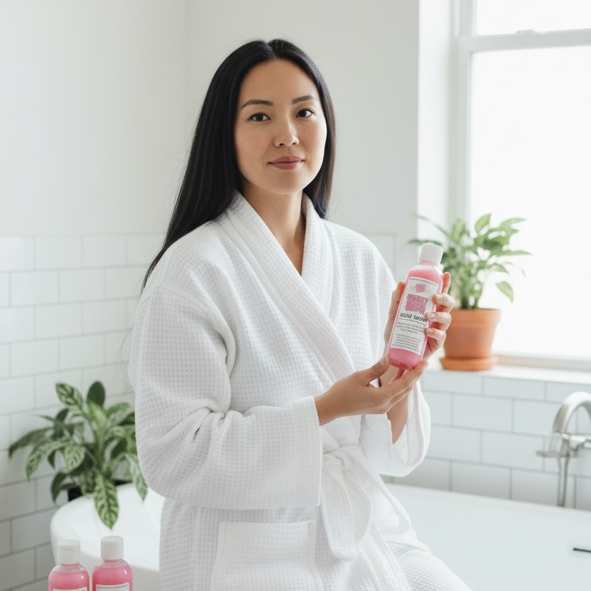 Woman in a white robe holding a pink bottle of bubbly botanicals natural body wash in a bathroom setting