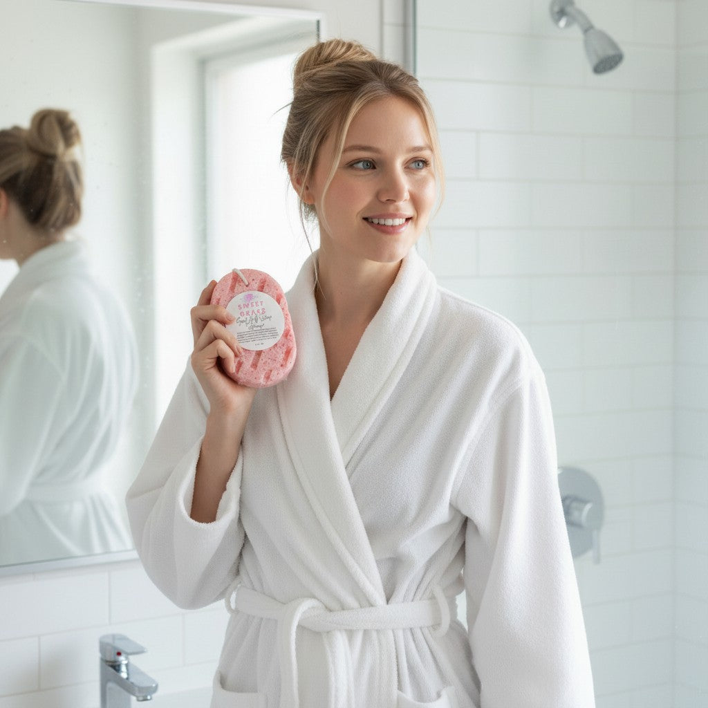 Woman in a robe holding a goat milk soap infused sponge in a bathroom