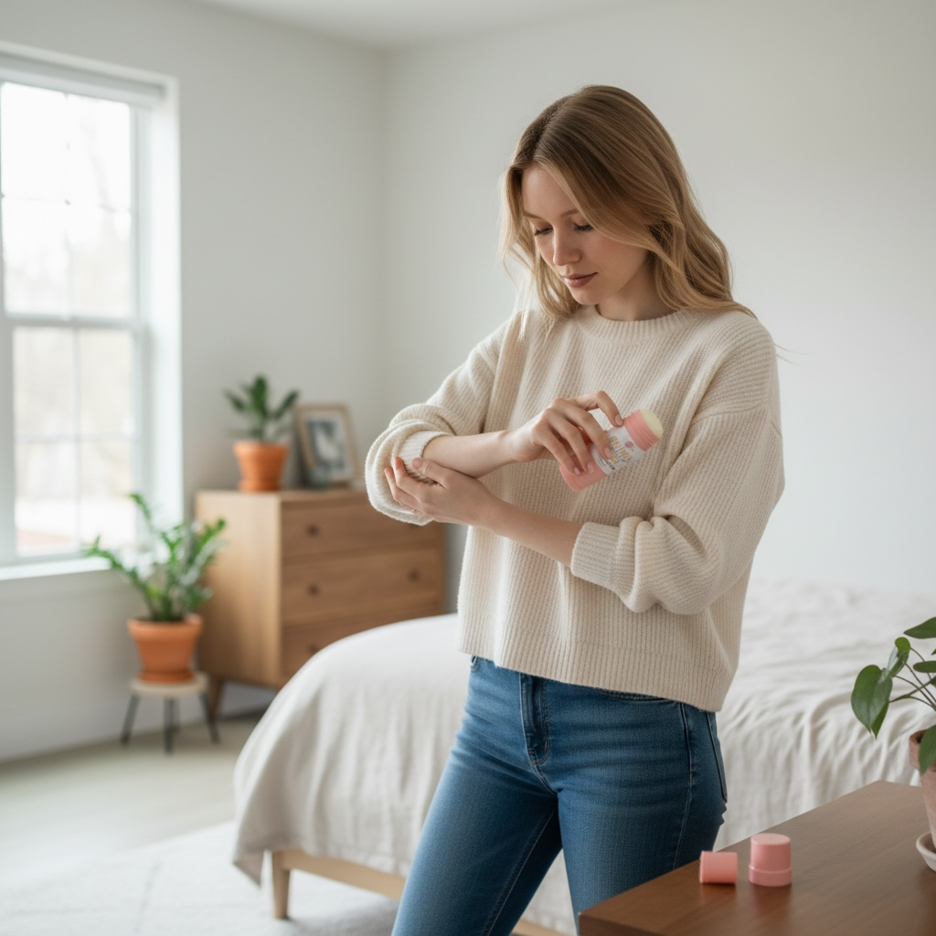 Woman applying lotion to her arm in a bedroom