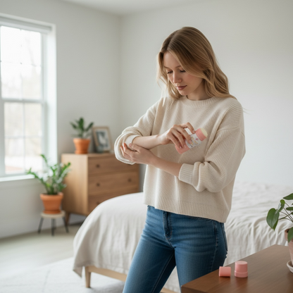 Woman applying lotion to her arm in a bedroom