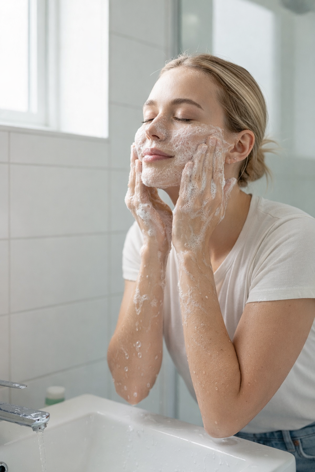 Woman washing her face with soap in a bathroom