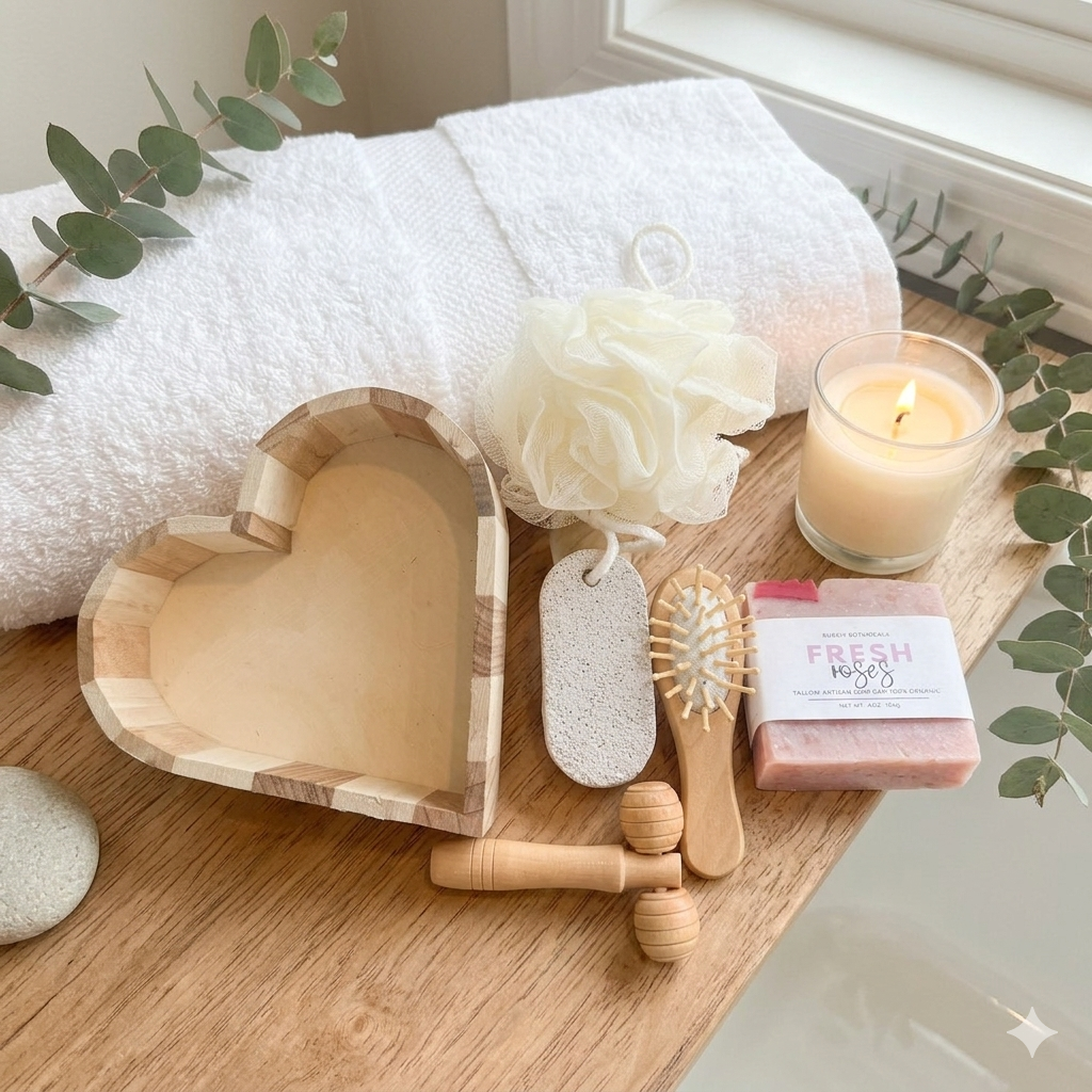 Bathroom scene with a wooden tray holding a heart-shaped tray, tallow soap in a fresh roses scent, body brush, loofah, pumice stone, and body massger.
