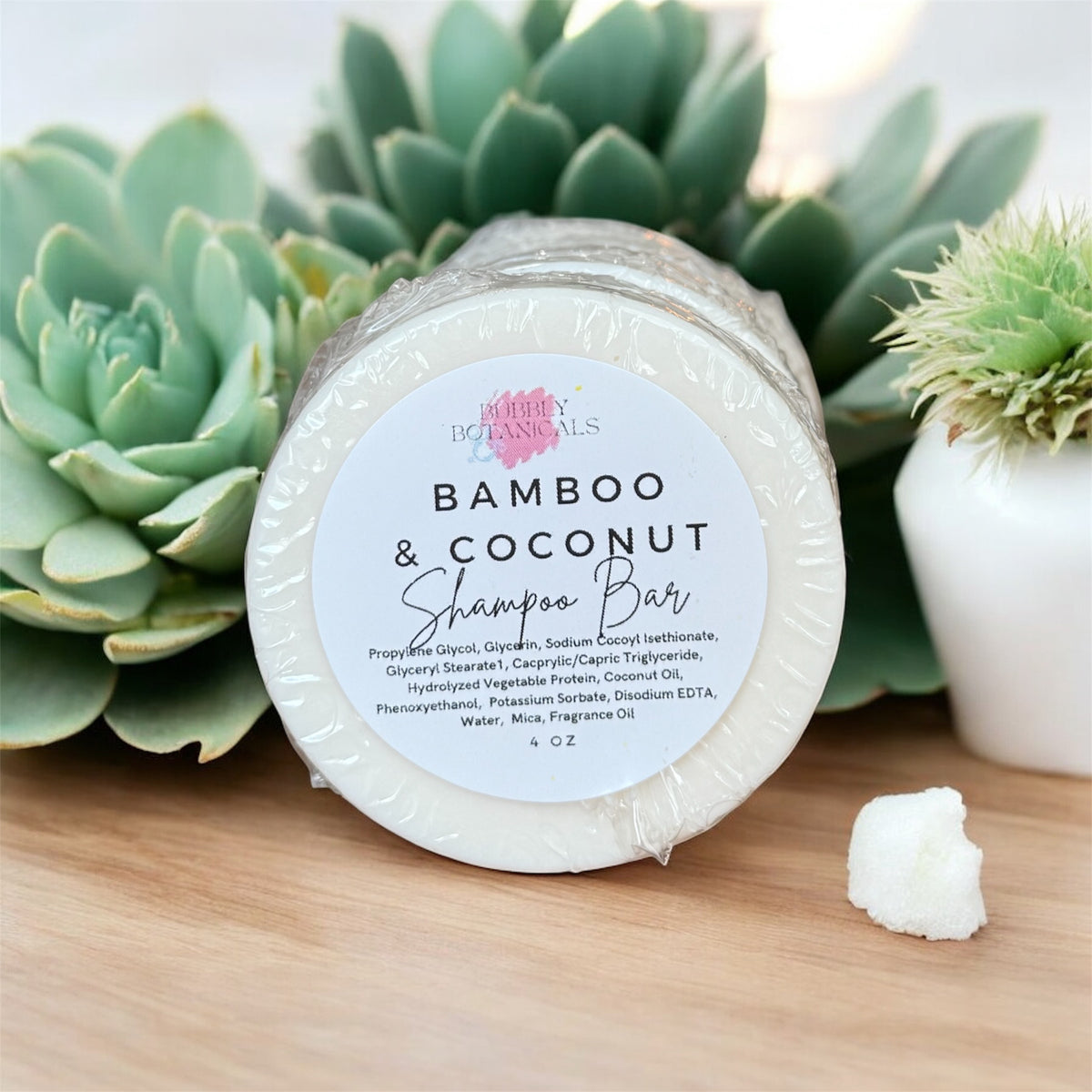 Bamboo & Coconut shampoo bar by Bubbly Botanicals with succulents