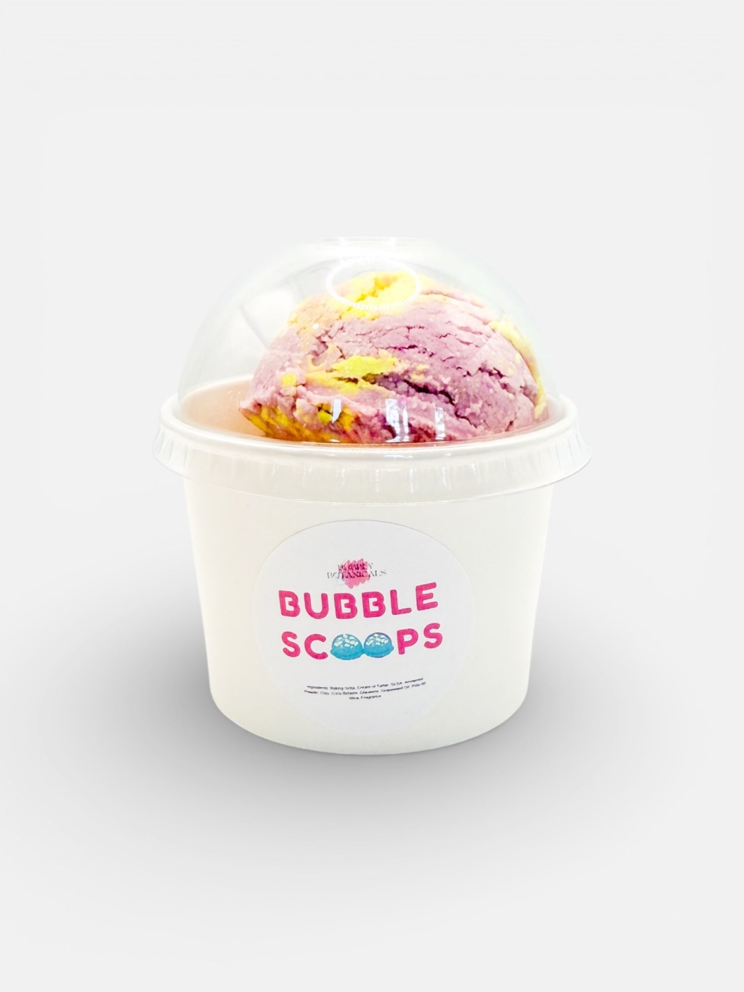 Ice cream in a container with 'Bubble Scoops' branding on a white background