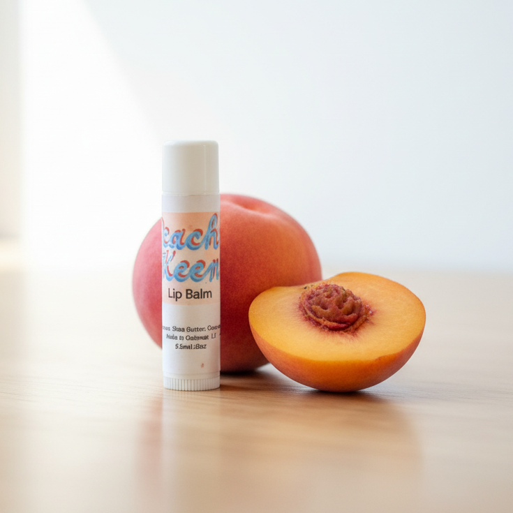 Lip balm with peach slices on a wooden surface