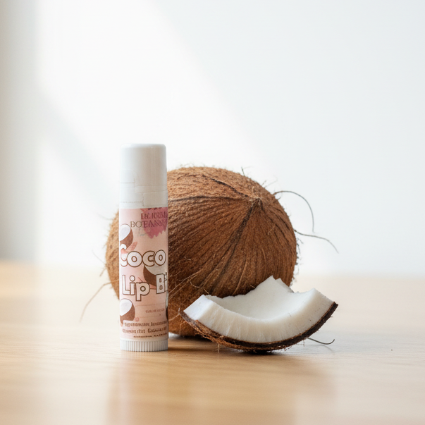 Coconut and a tube of lip balm on a wooden surface with a blurred background