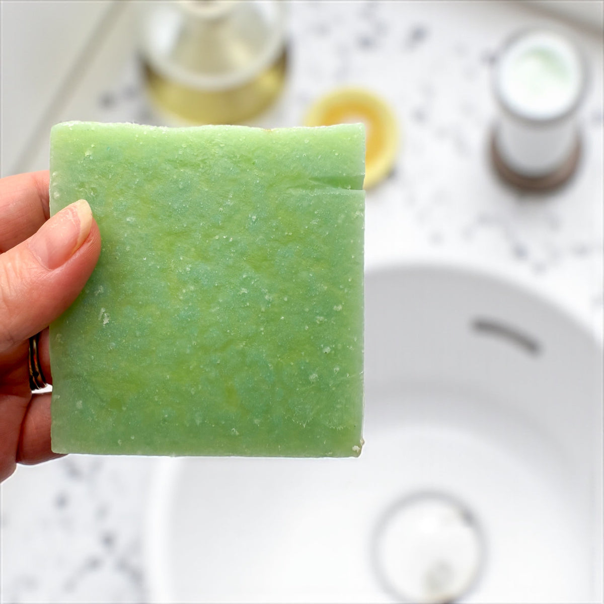 Eucalyptus Spearmint tallow soap by Bubbly Botanicals in a bathroom