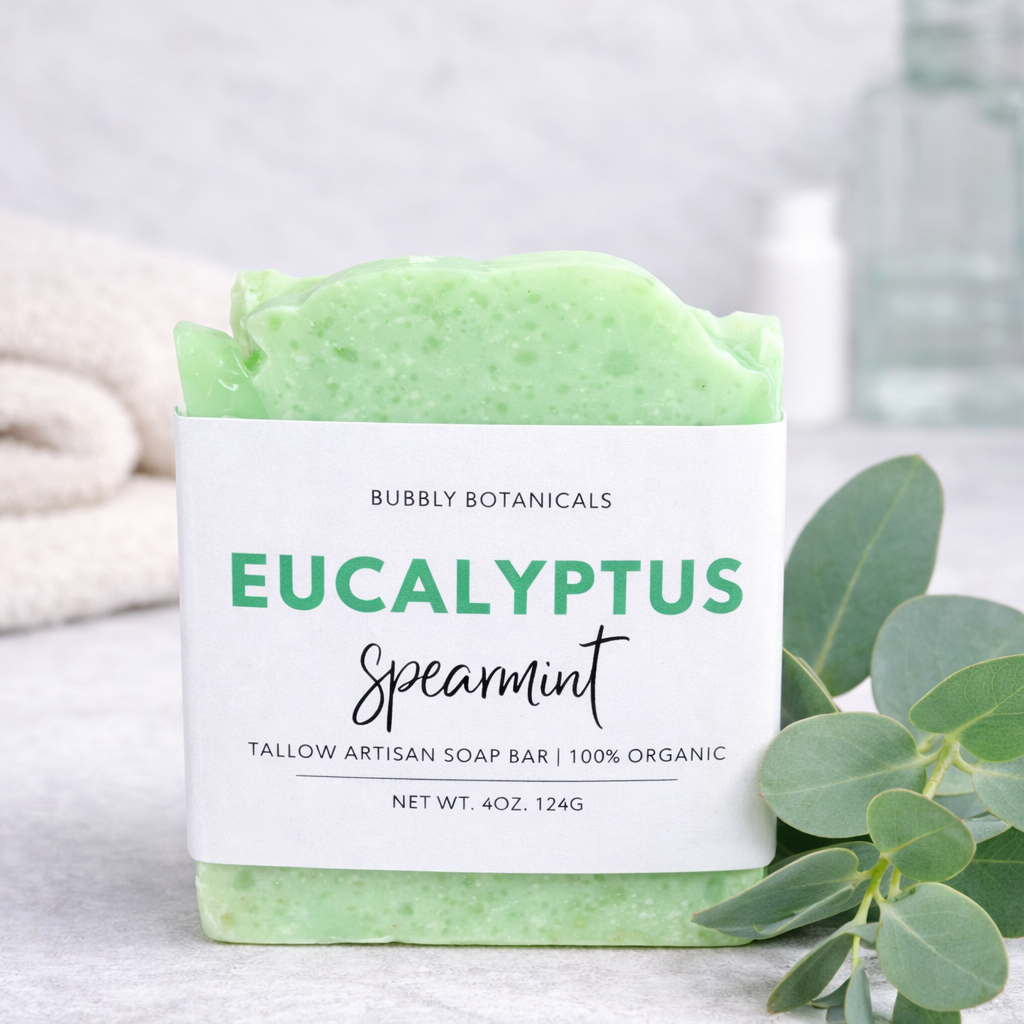 Green eucalyptus spearmint tallow soap bar with 'Bubbly Botanicals' label on a light background