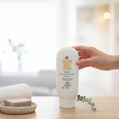 Tallow magnesium lotion on countertop with a bar of soap and a towel
