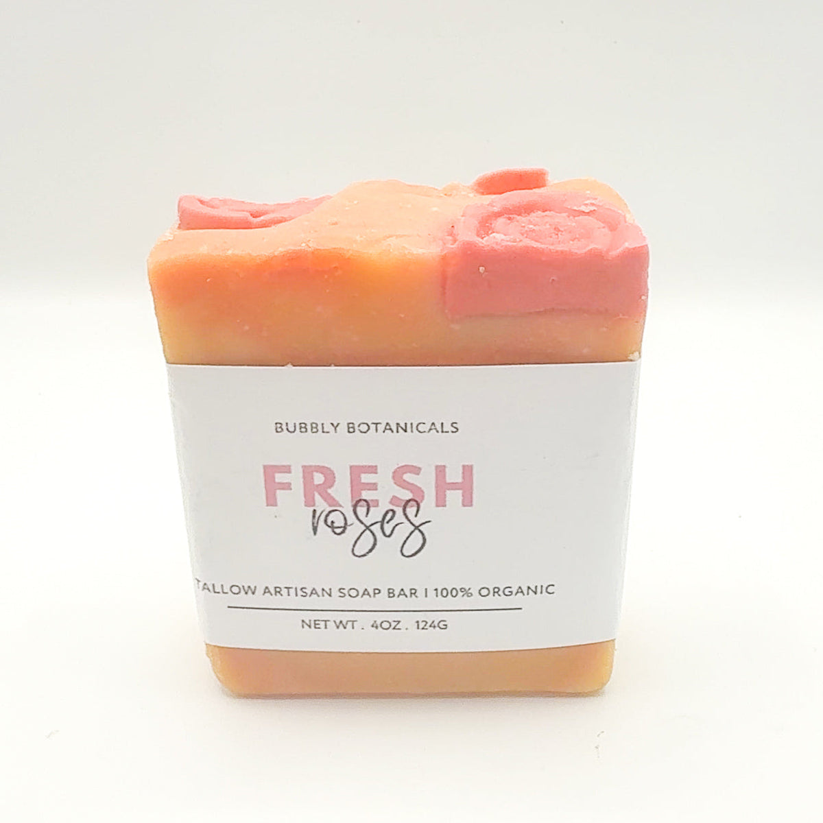 Fresh Roses tallow soap by Bubbly Botanicals with a pink and orange gradient
