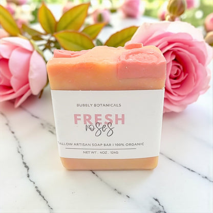 Fresh Roses tallow soap by Bubbly Botanicals on marble with pink roses