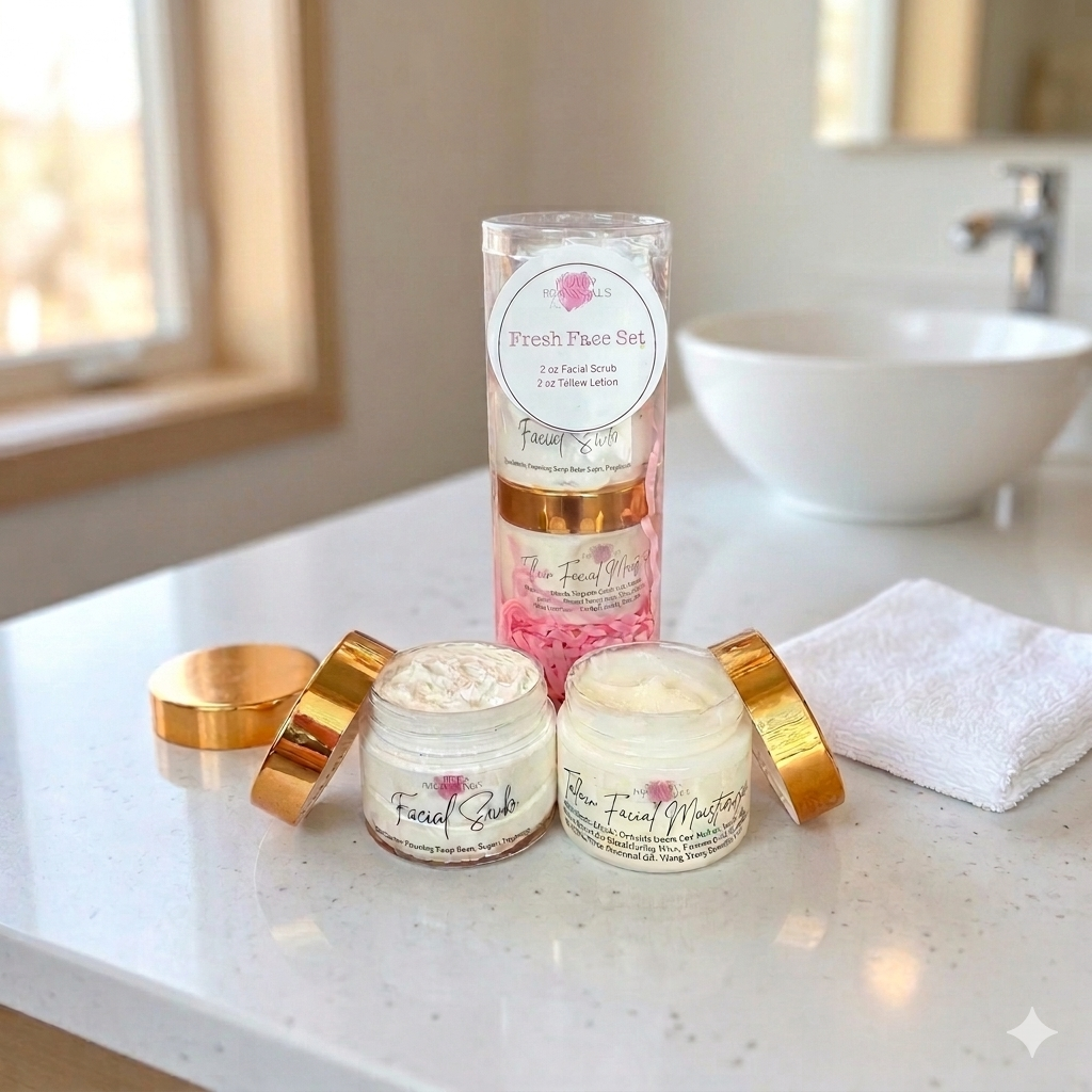 Cosmetic set including jars and a tube on a bathroom counter.