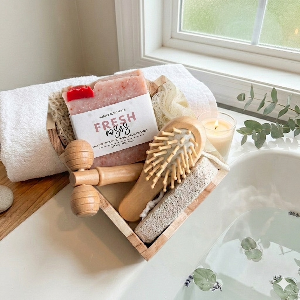 fresh roses tallow soap wooden heart gift set bubbly botanicals on a tub ledge 