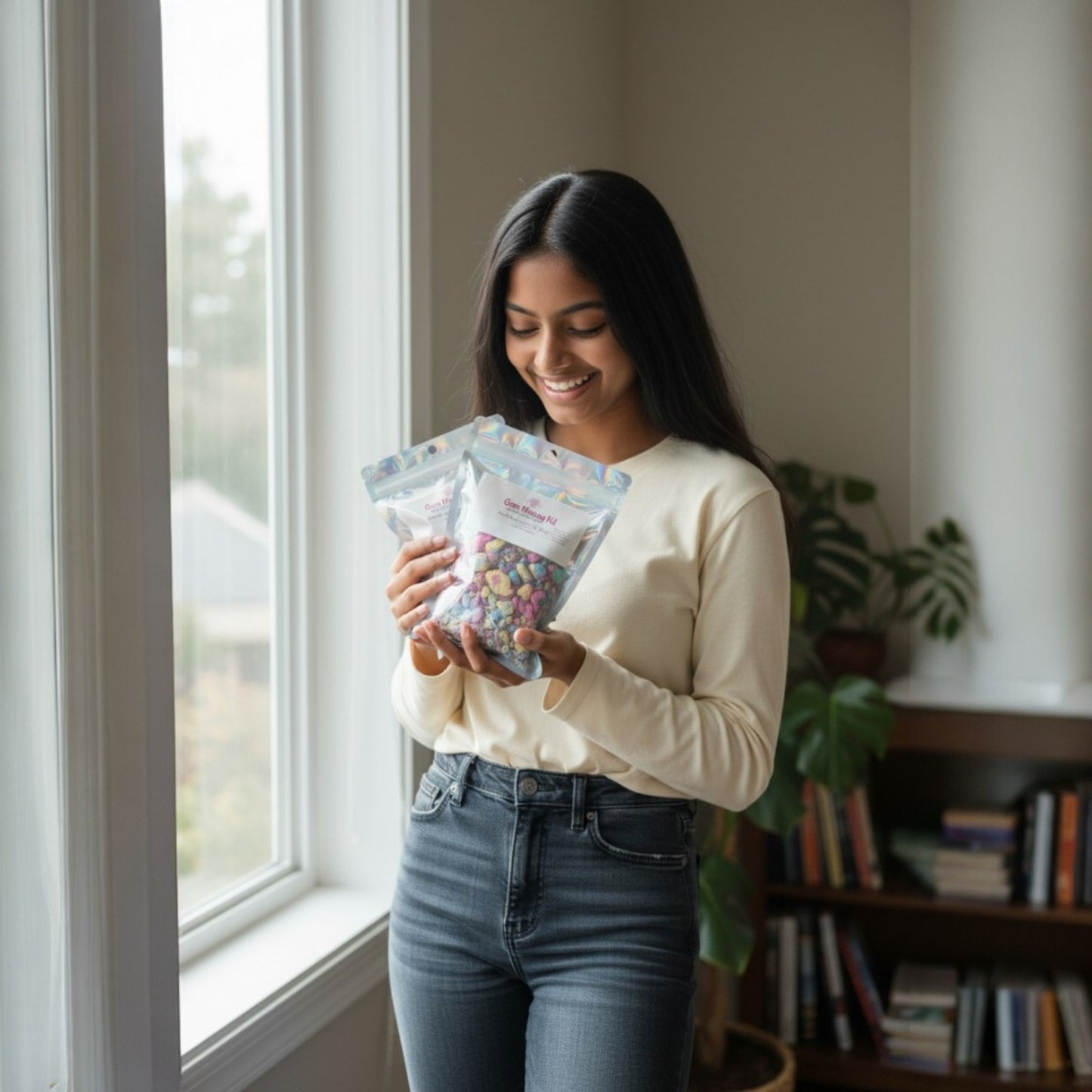 Woman holding two packages by a window in a cozy room with books and plants.
