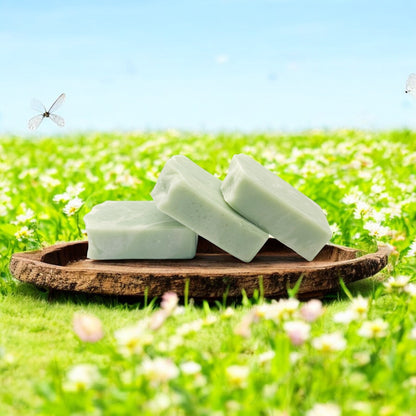 Three Green Tea & Lemongrass tallow soaps by Bubbly Botanicals on a wooden tray