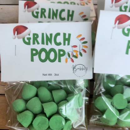 Grinch Poop mini bath bombs by Bubbly Botanicals, a Christmas stocking stuffer