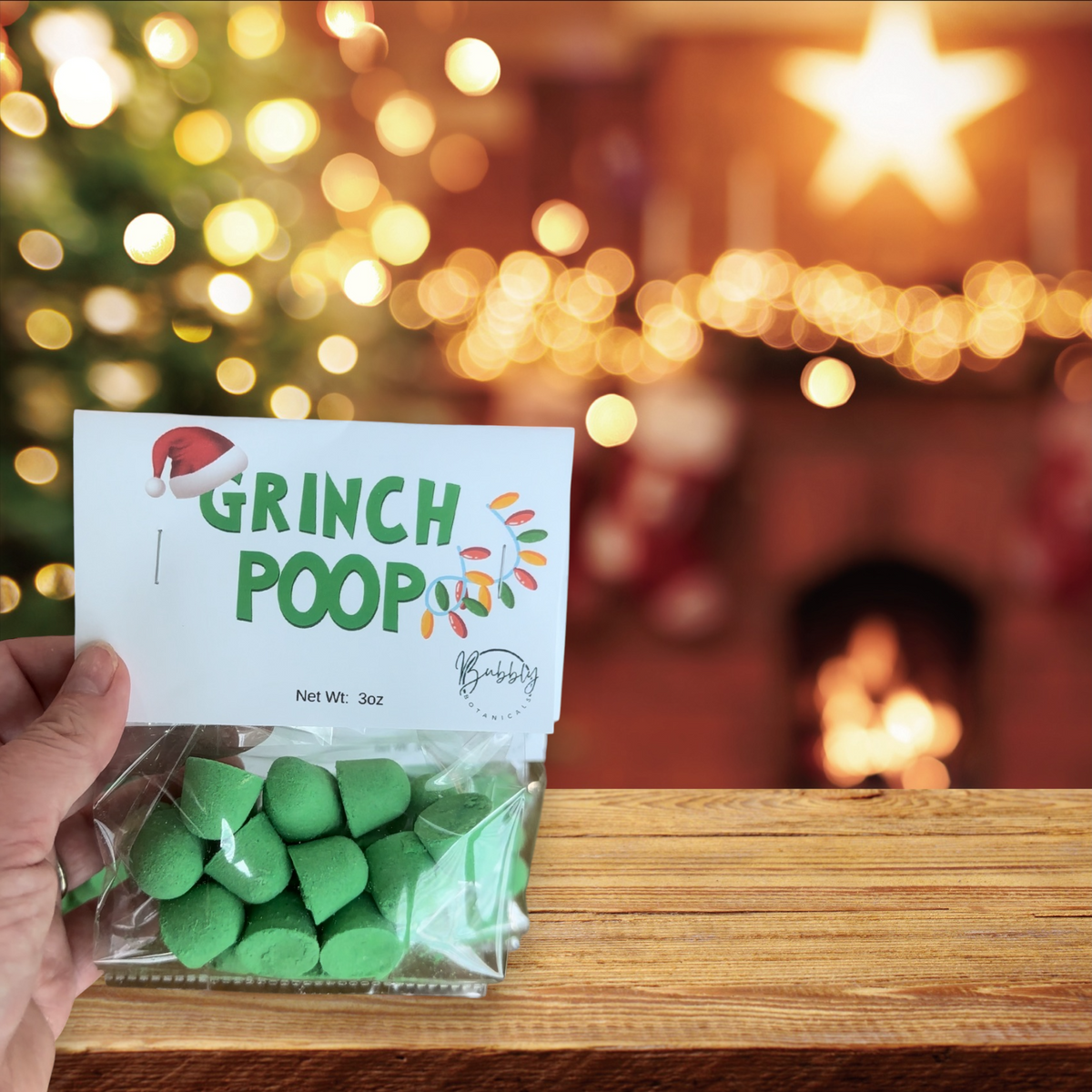 Grinch Poop mini bath bombs by Bubbly Botanicals, a Christmas stocking stuffer