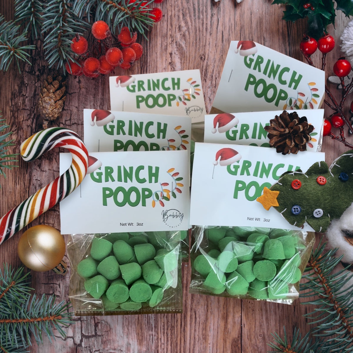 Grinch Poop mini bath bombs by Bubbly Botanicals, a Christmas stocking stuffer