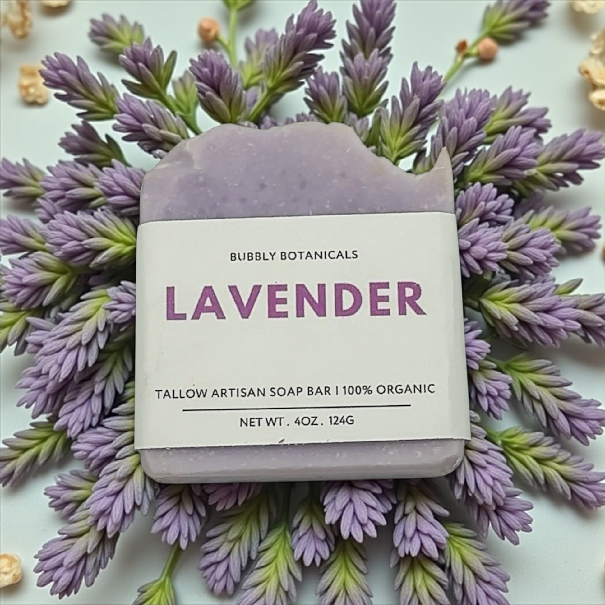 lavender tallow soap on a bed of lavender