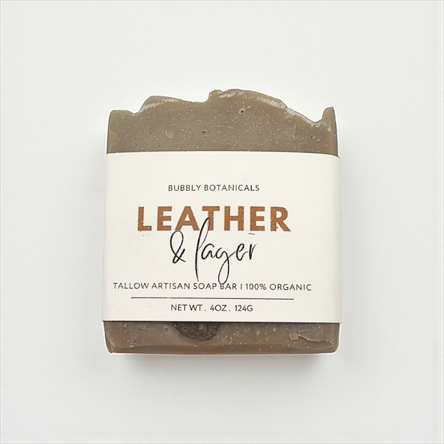 Bar of soap with a label on a white background