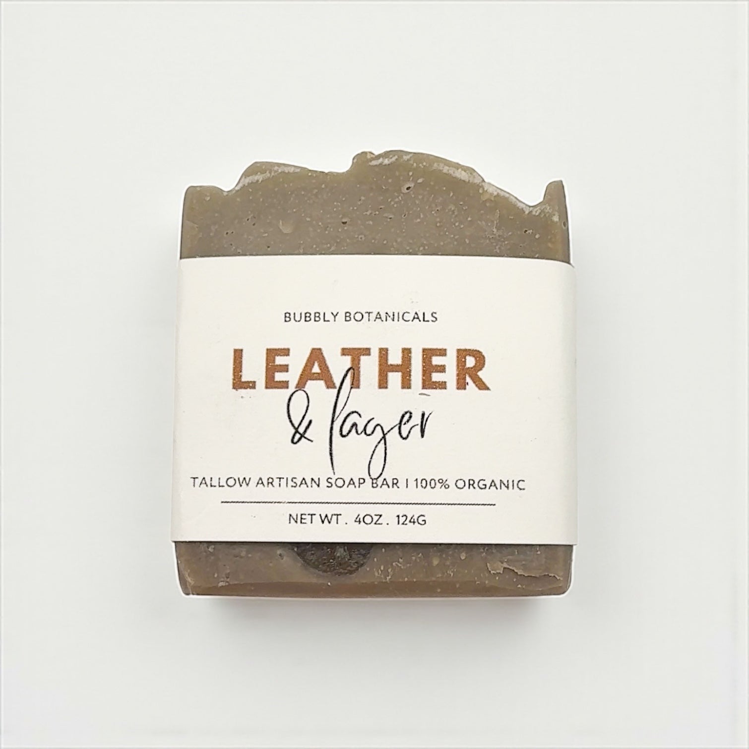 Bar of soap with a label on a white background