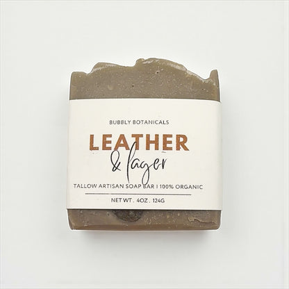 Bar of soap with a label on a white background