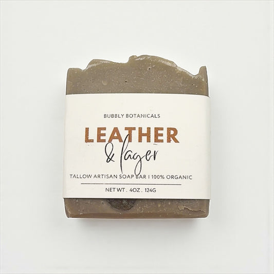 Bar of soap with a label on a white background