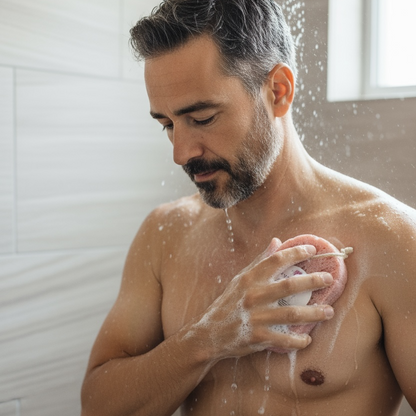 Man showering and applying soap to his skin in a bathroom.