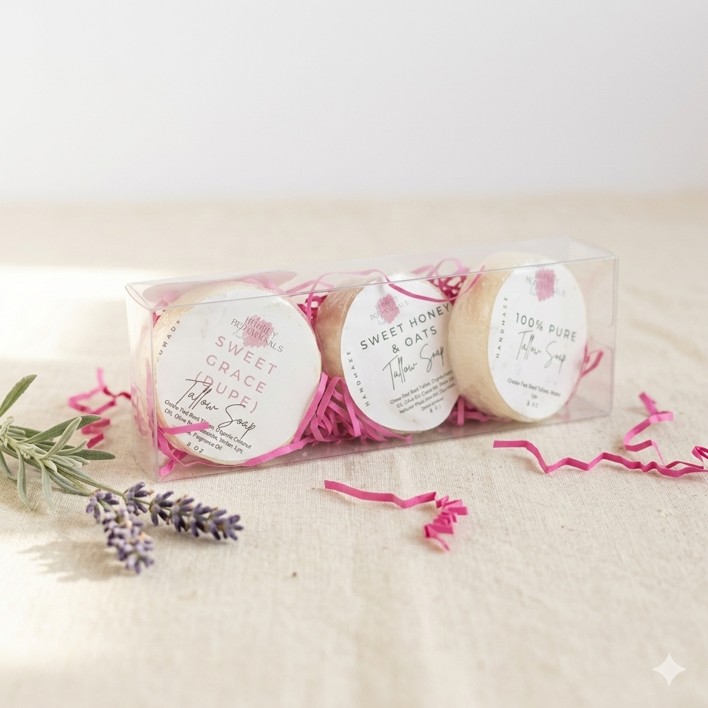 Set of three Mini Tallow Soaps in Mini Tallow Soap Gift Set with visible branding on a light background
