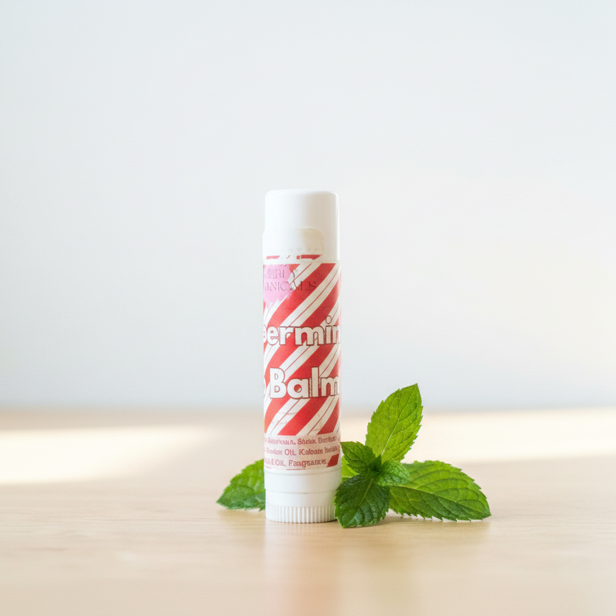 Tube of peppermint balm with mint leaves on a light surface and white background
