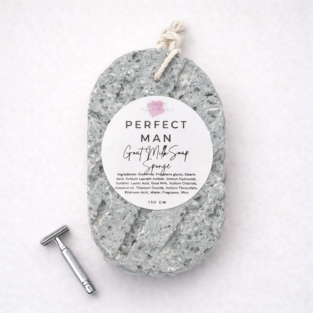 Gray goat milk soap infused sponge scented with 'Perfect Man' fragrance on a white background