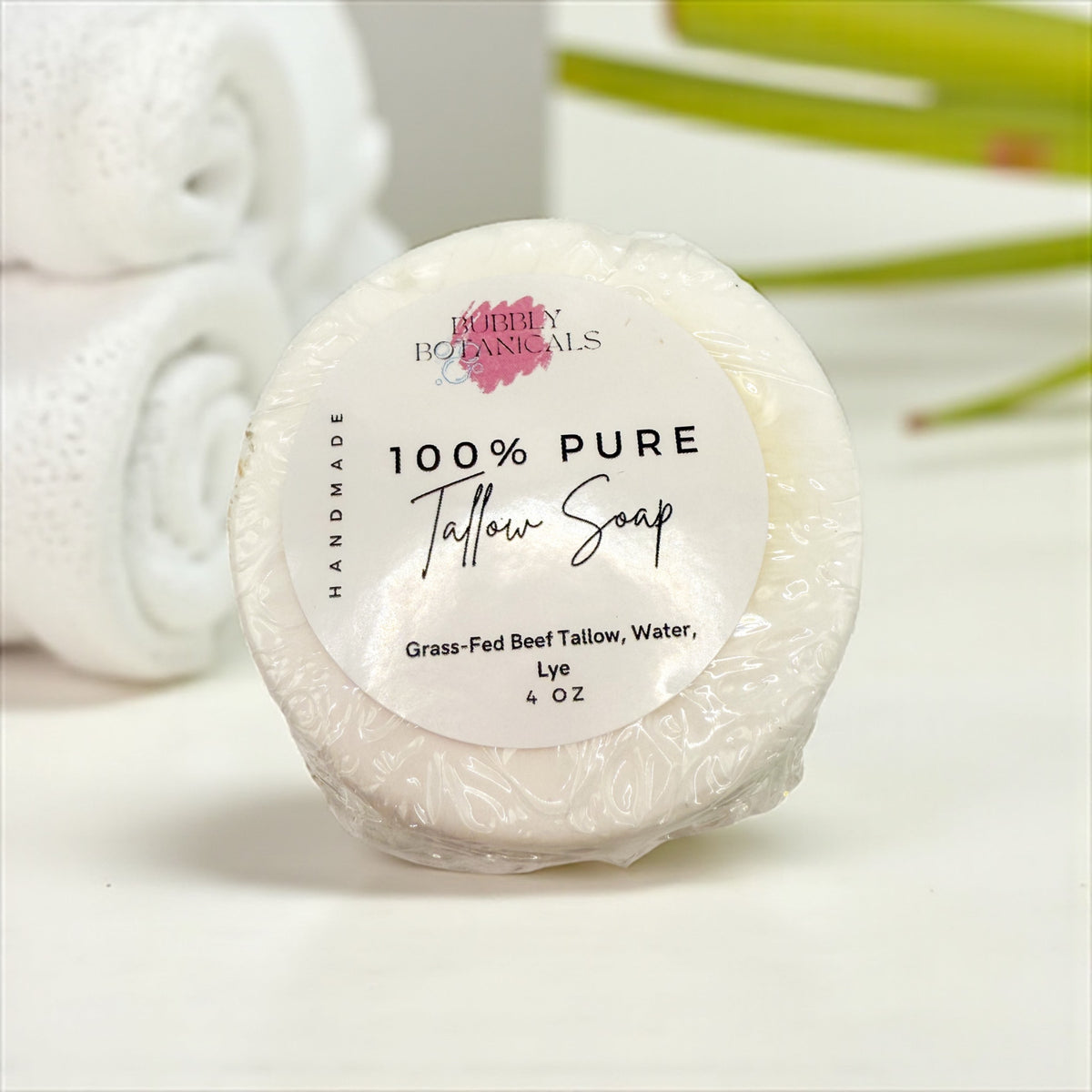 Pure Tallow unscented soap by Bubbly Botanicals on a white background