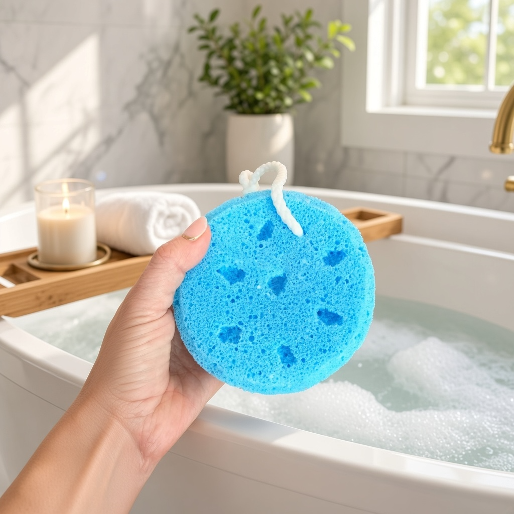 Hand holding a blue goat milk soap infused sponge by Bubbly Botanicals over a bubble bath with a candle and rolled towel