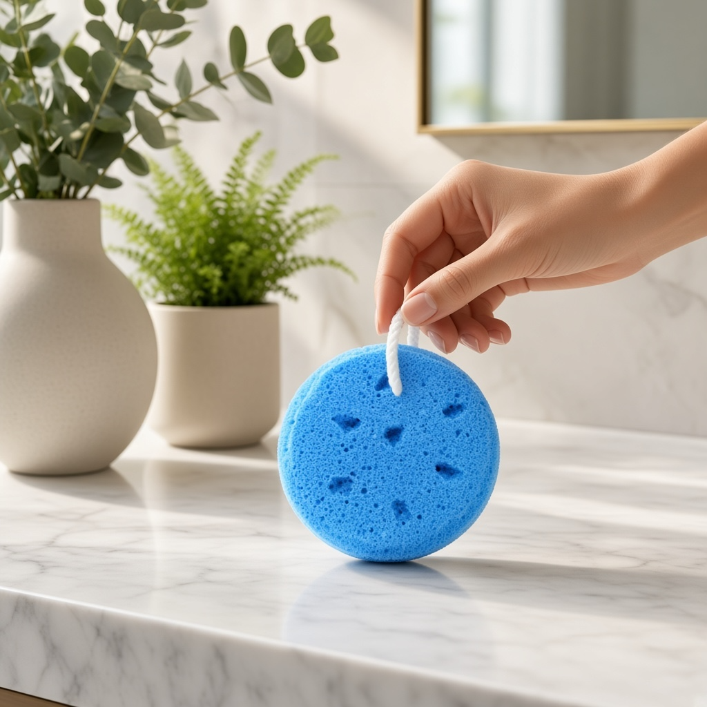 Blue goat milk soap infused sponge by Bubbly Botanicals lifted by its cord on a white marble bathroom counter with plants