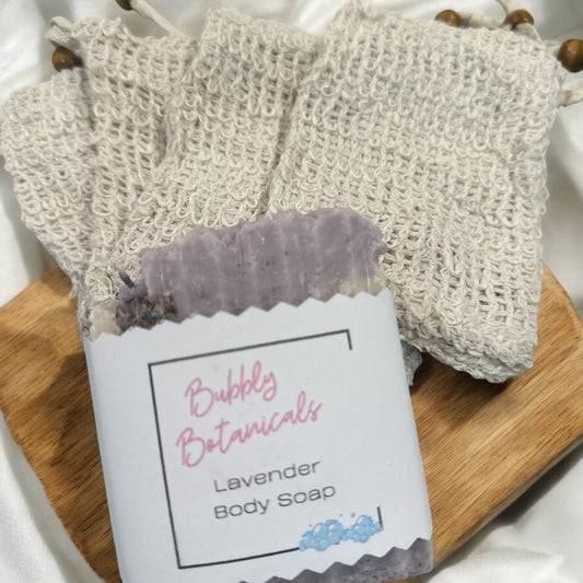 Soap saver bag by Bubbly Botanicals that exfoliates and helps soap last longer