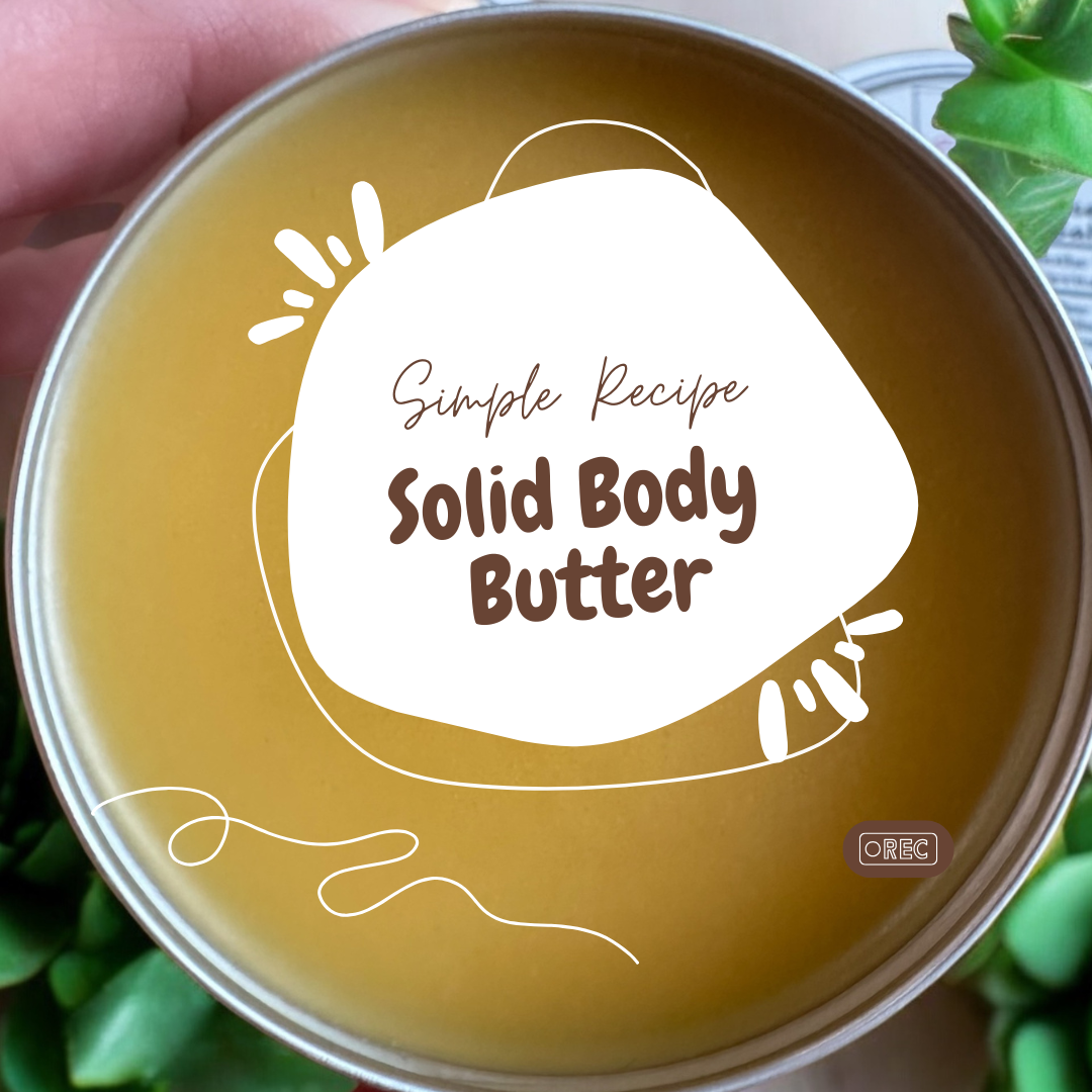 Solid body butter container with 'Simple Recipe' branding on a light background