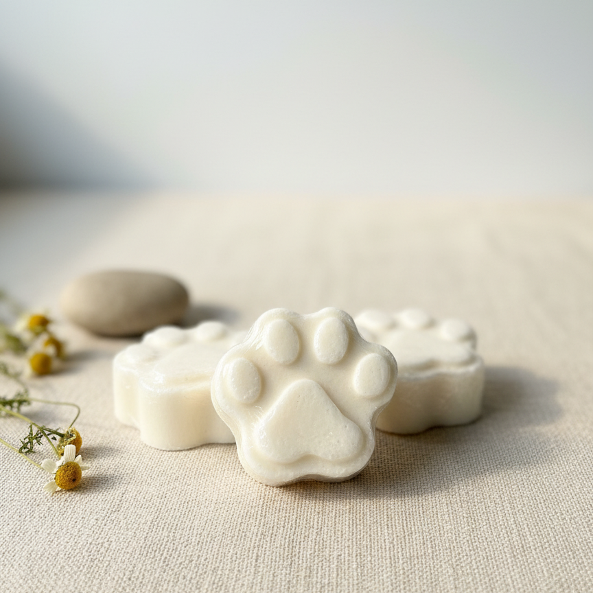 White paw-shaped soap on a textured surface with a neutral background