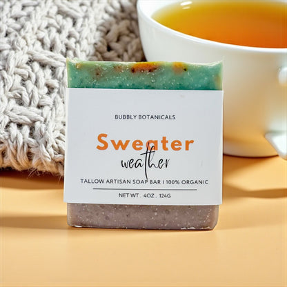 Sweater Weather tallow soap by Bubbly Botanicals on a wooden table