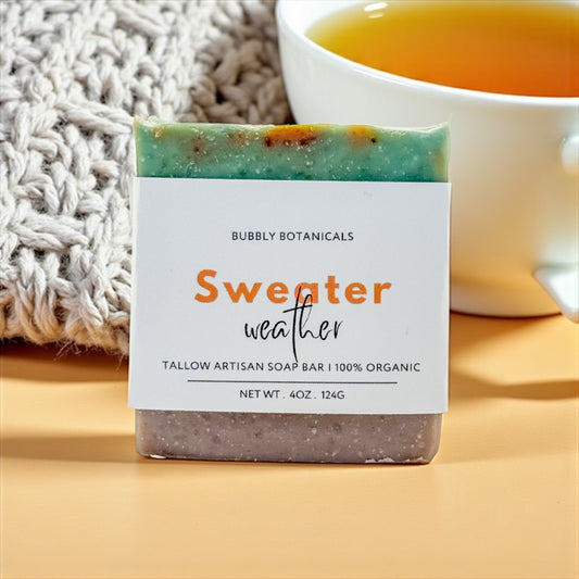 Sweater Weather tallow soap by Bubbly Botanicals on a wooden table