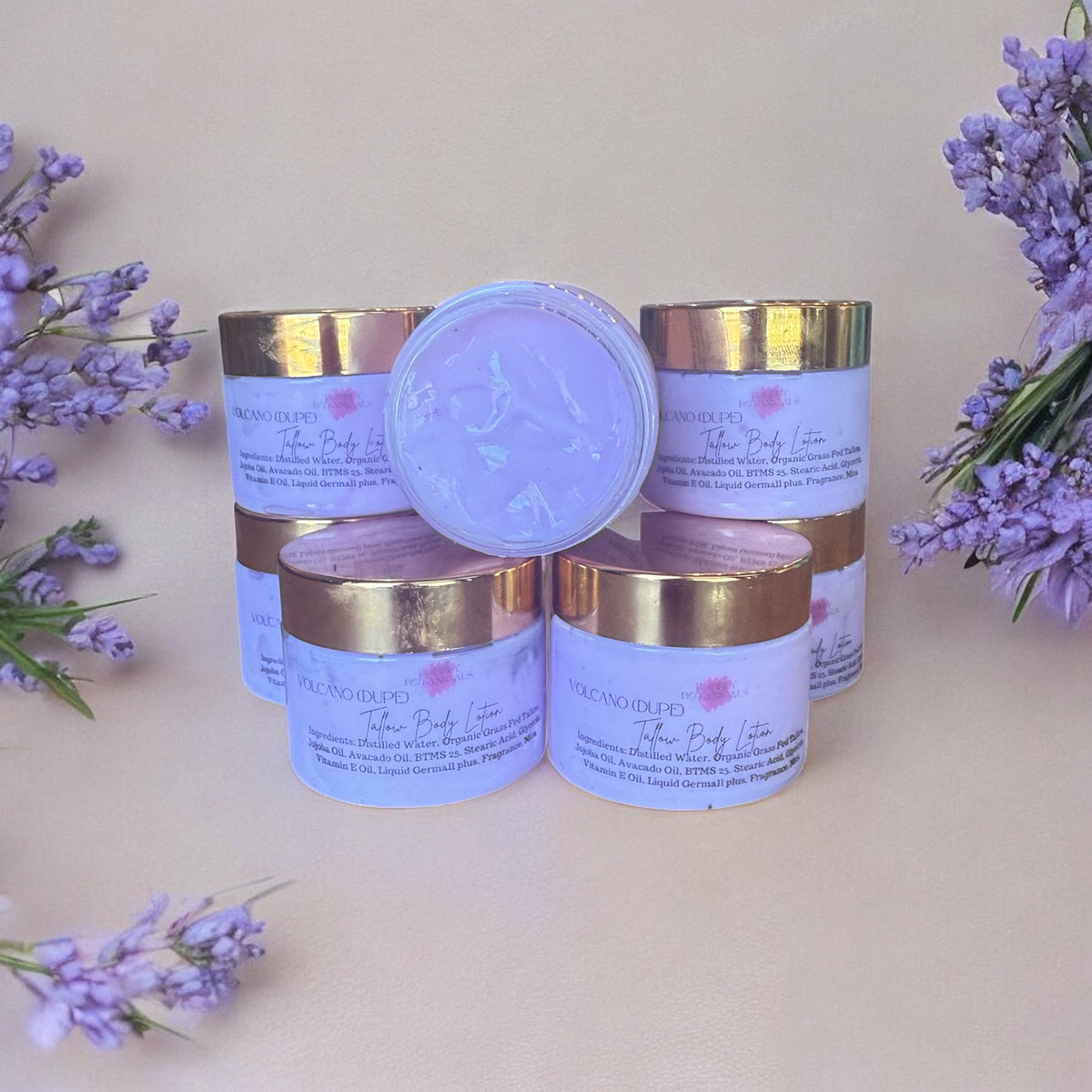 Tallow body butter minis by Bubbly Botanicals with lavender flowers