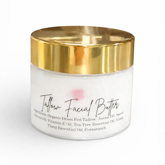 Jar of Tallow Facial Butter with a gold lid on a white background