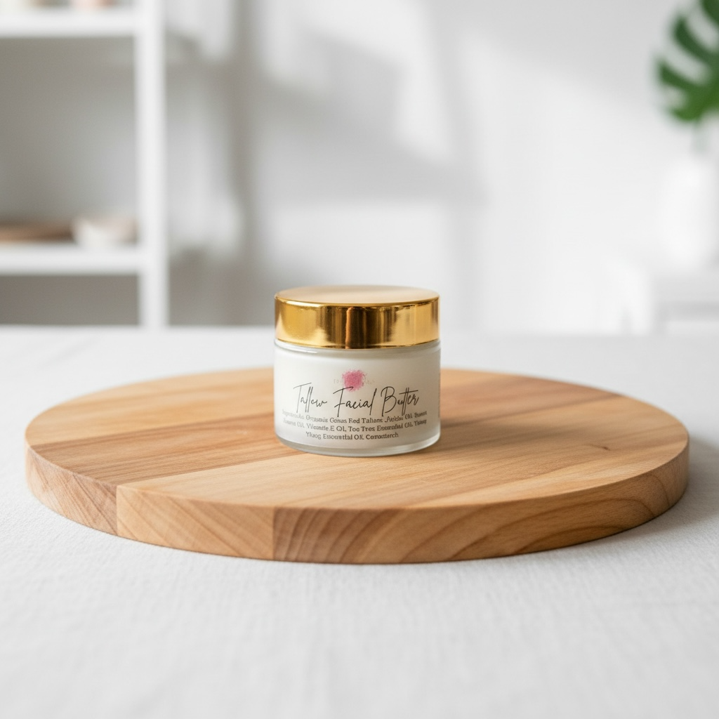 Jar of facial butter on a wooden board with a blurred background