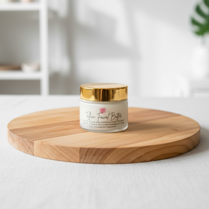 Jar of facial butter on a wooden board with a blurred background