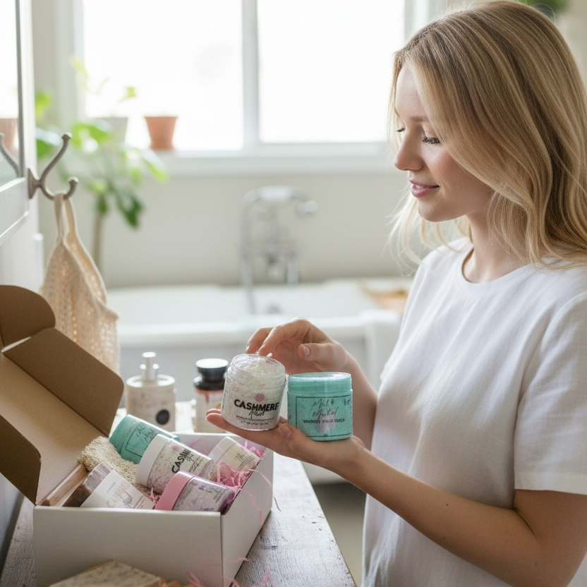 Woman in a bathroom holding skincare products next to a box of items.